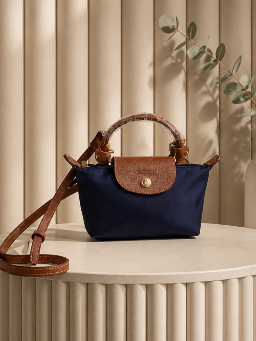 NWT Longchamp Le Pliage Navy Mini Top-Handle Crossbody with Brown Flap